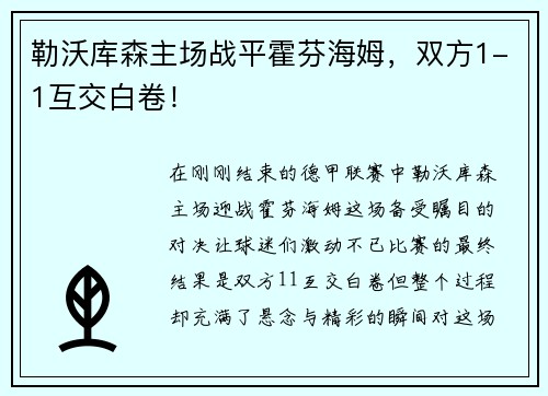 勒沃库森主场战平霍芬海姆，双方1-1互交白卷！