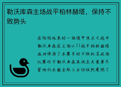 勒沃库森主场战平柏林赫塔，保持不败势头