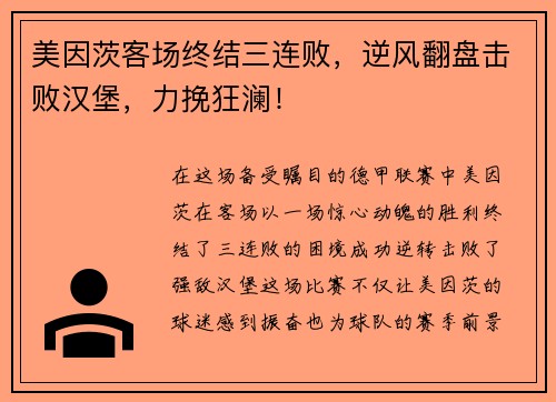 美因茨客场终结三连败，逆风翻盘击败汉堡，力挽狂澜！